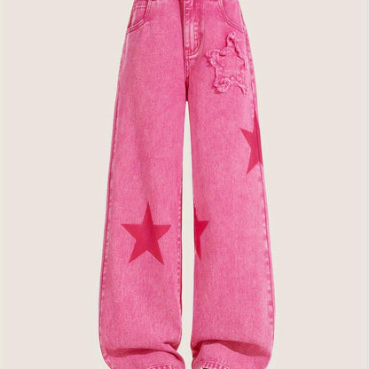 Youngsters' wide-leg denim jeans with star pattern, elastic waistband, comfort fit, machine washable. Perfect for everyday outings and comfortable playwear. Nonstretch denim.