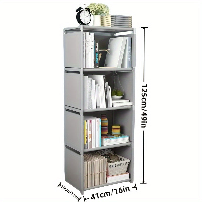 Compact metal bookshelf for home and office, easy assembly, vertical design with back panel, perfect for dorms and rental housing.