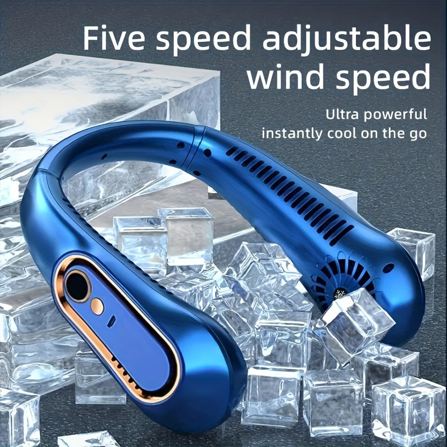 Stay cool and comfortable this hot summer with the 1pc USB Charging Portable Neck Hanging Fan. This leafless cooler fan device provides strong and quiet operation, allowing you to adjust the wind strength for personalized cooling. Perfect for outdoor