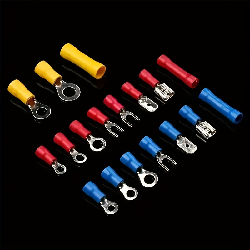 102-piece universal electrical crimp terminal set with assorted connectors for automotive and marine wiring, uncharged and battery not included.