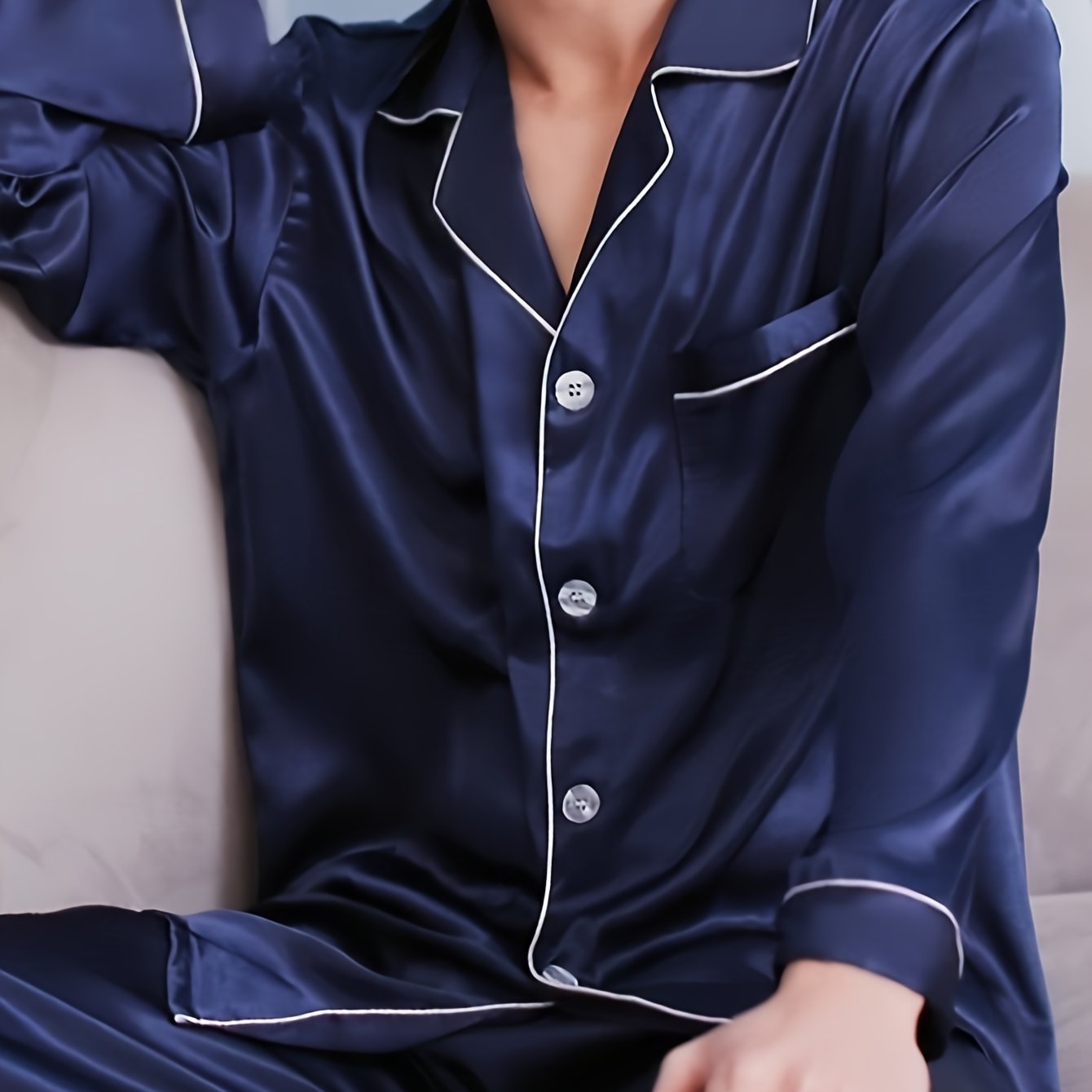 Men's casual pajama set made from large size ice silky fiber fabric, including long sleeve button pocket shirt top and trousers. Suitable for outdoor and home wear in spring, autumn, and