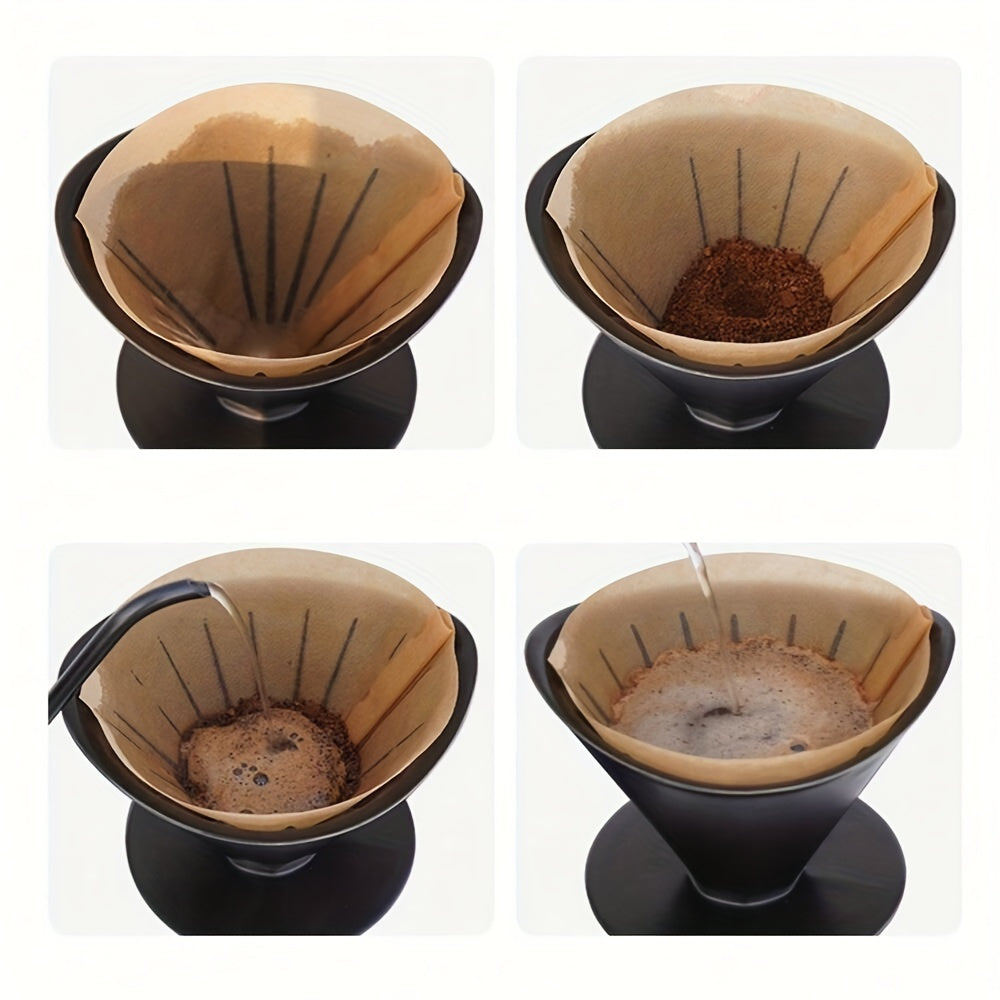 1 set of 2 coffee filter paper packets, made from 100% wooden pulp. These conical hand-pouring filter cups are designed for use in drip-style American coffee pots. Each set includes 200 filter papers.