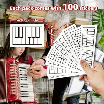 100-piece keyboard notation labels set for piano/accordion, portable, self-adhesive, ideal for music theory practice and teaching for beginners and musicians, measuring 6.1x4.06 cm.