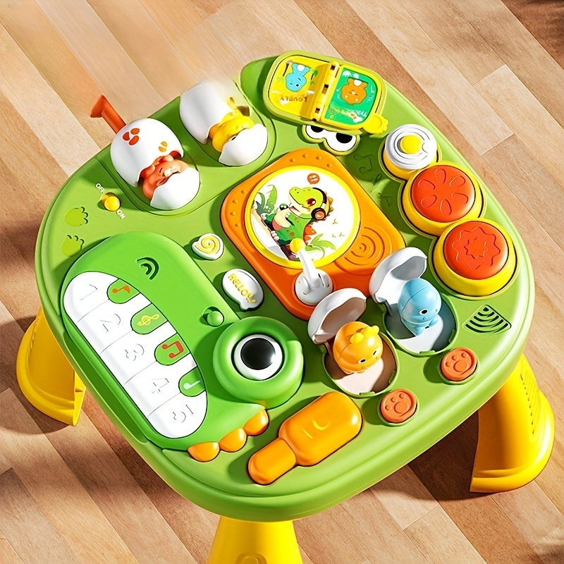 Green ABS plastic educational toy for kids featuring a detachable piano, interactive monkey character, and colorful display. Enhances cognitive development and promotes creative play.