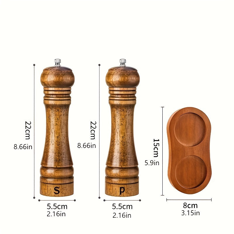 Set of 2/3 wooden salt and pepper grinders, including a wood pepper mill. Optional wooden tray for display. Manual grinding for freshly ground sea salt and pepper. Perfect for dinner table settings and kitchen tools. Ideal Christmas gifts and kitchen