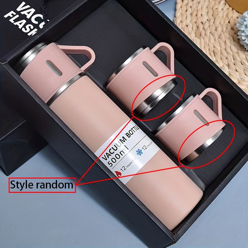 Stainless steel insulated mug set with 500ml capacity, leakproof lid, and portable design for hot and cold drinks - ideal for business and school use.