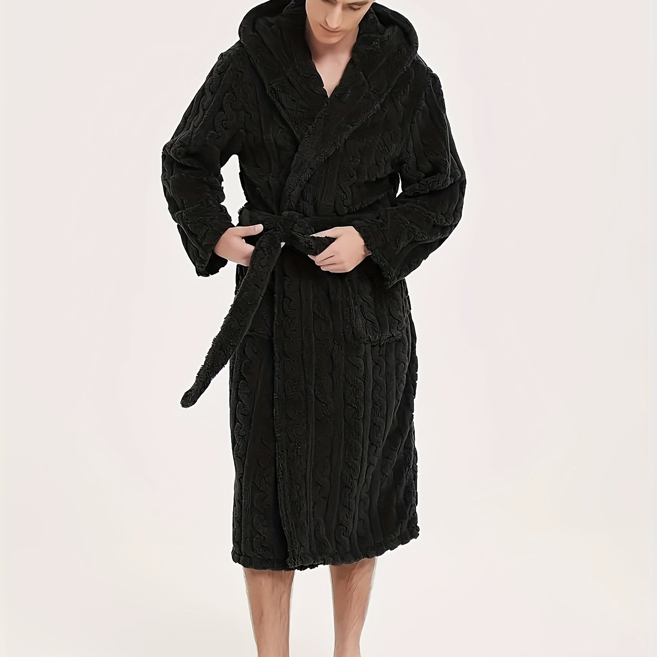 Men's fleece hooded robe for home and hotel use, with belt for comfort.