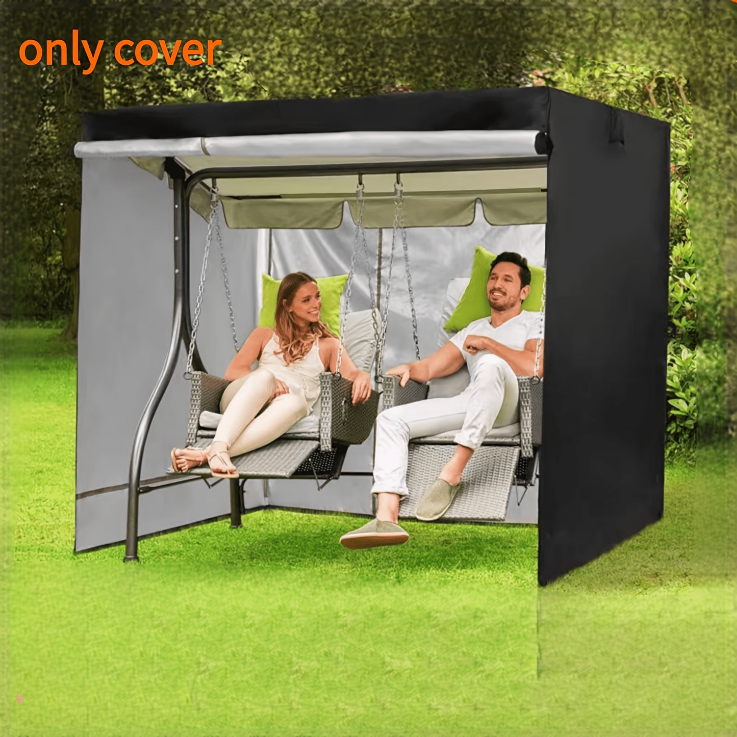 Durable black polyester swing cover protects garden rocking chairs from rain and dust, 220x125x170cm, with zip closure.