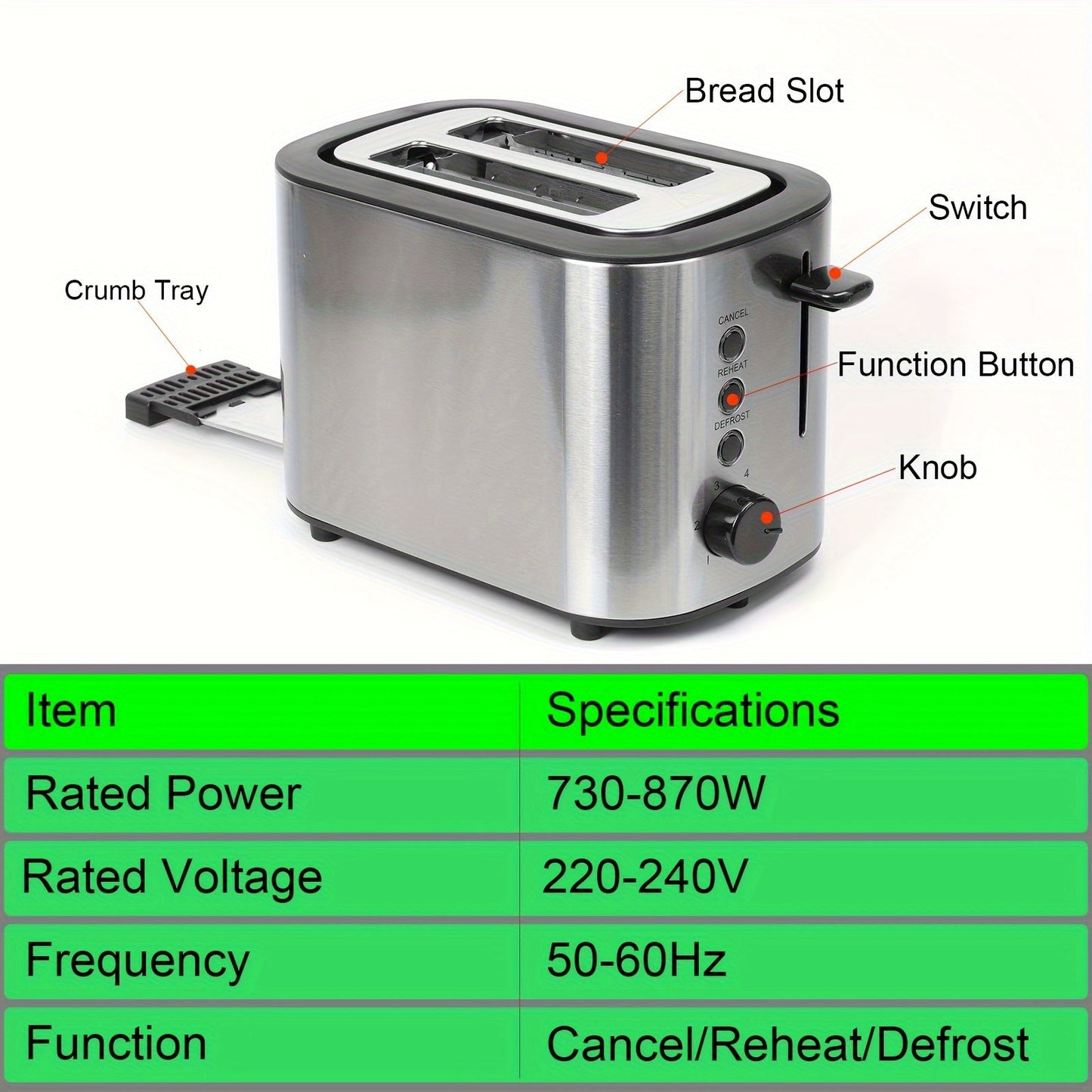 Stainless Steel Toaster with 2 Slices and Anti-Fingerprint Finish, 6 Shade Settings, Cancel/Defrost/Reheat Functions, Removable Crumb Tray, Anti-Jam Feature, Self-Centering Slots, High-Lift Lever, Cord Storage, Food Clip, Silicone Dust Cover.