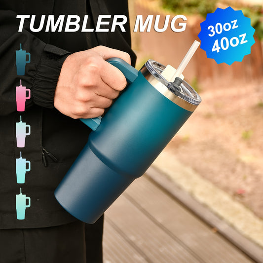 30-40 oz zanglamas po'latdan yasalgan vakuumli tumbler, tutqichi va solgich bilan, issiq yoki sovuq ichimliklar uchun, solgichni o'z ichiga oladi.