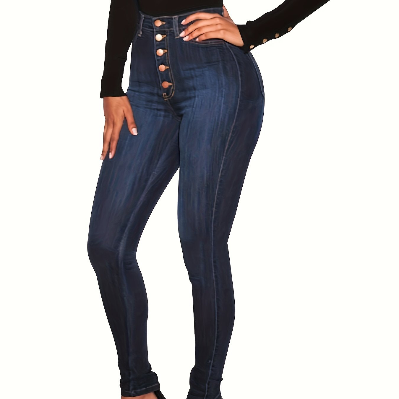 High-waist skinny jeans for women with curve-enhancing fit, button detail, solid color and cotton blend denim suitable for all seasons.