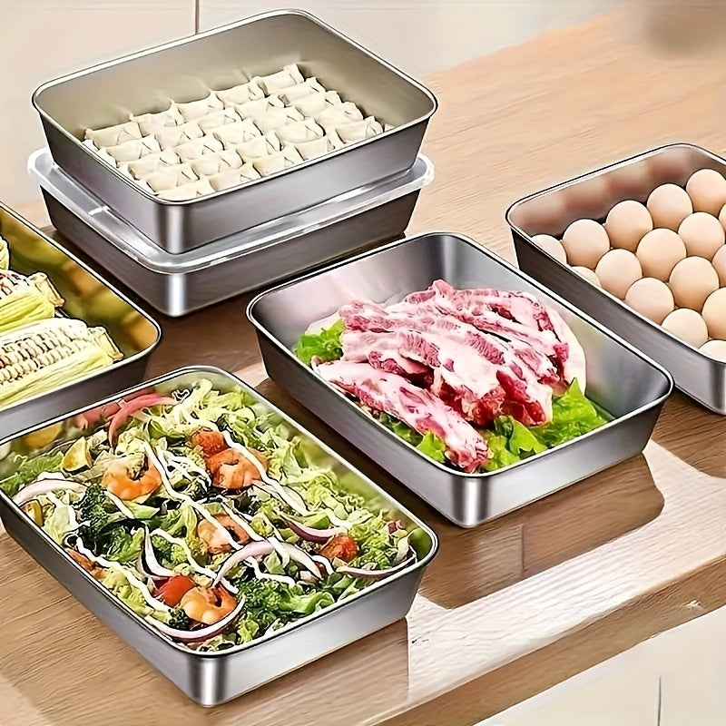 Set of 6 large stainless steel square food storage containers with transparent lids. Leak proof, stackable, ideal for meat, fruits, and vegetables. Great for home and outdoor use.