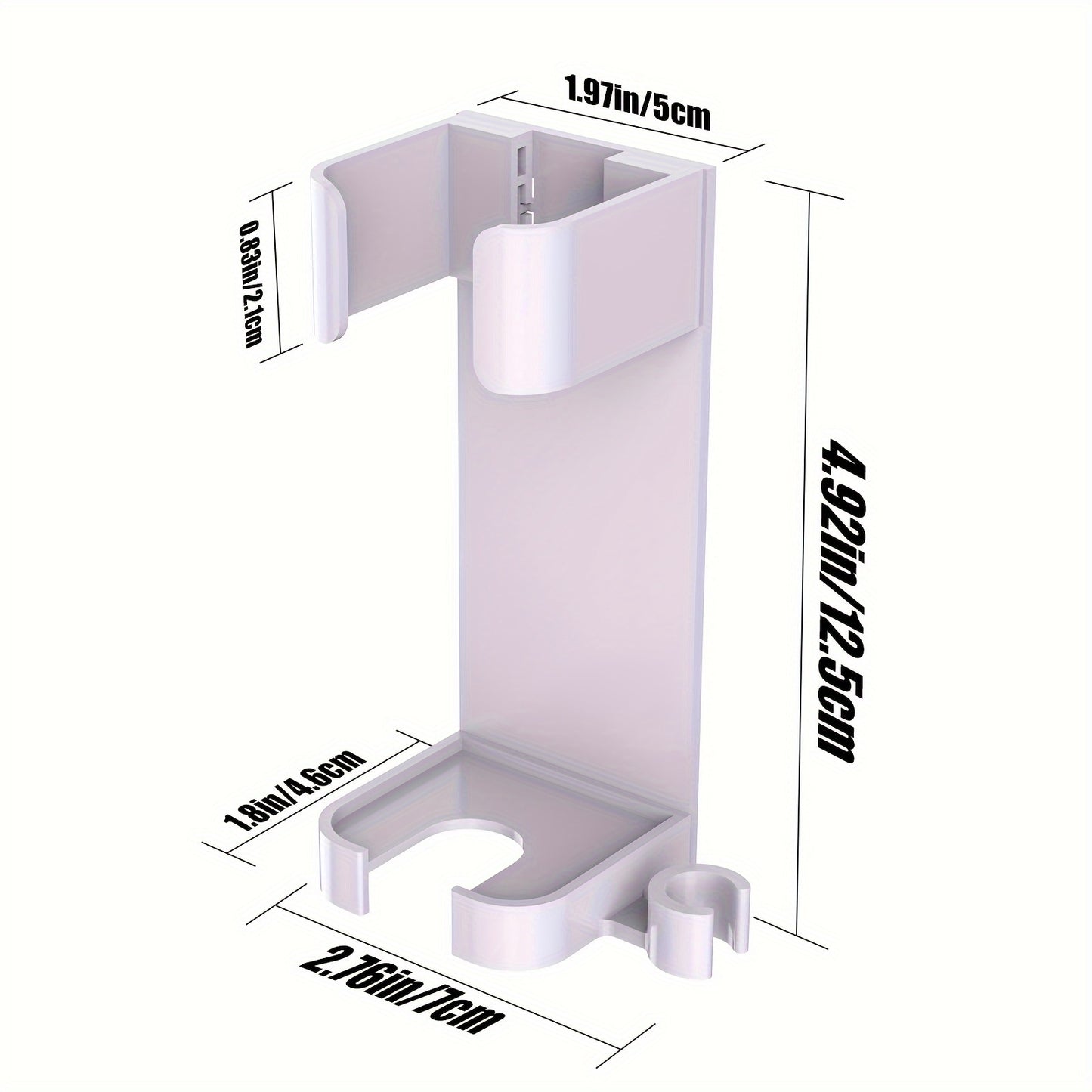 Plastic bathroom organizer rack with no metal pipes for storing curling iron, hair dryer, and electric toothbrush.