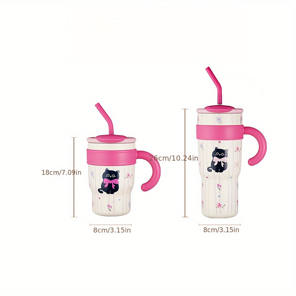 Travel mug for hot or cold drinks, stainless steel, portable with handle and straw, ideal for hiking, hand wash only, no PVC, great for holidays.