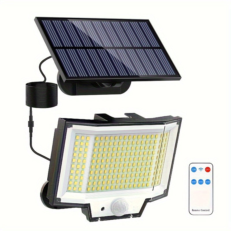 Solar-powered outdoor wall light with motion sensor, 200 LEDs, remote control, 3 lighting modes, wide angle illumination, security floodlight, 5.03m cable, dusk to dawn, for indoor &