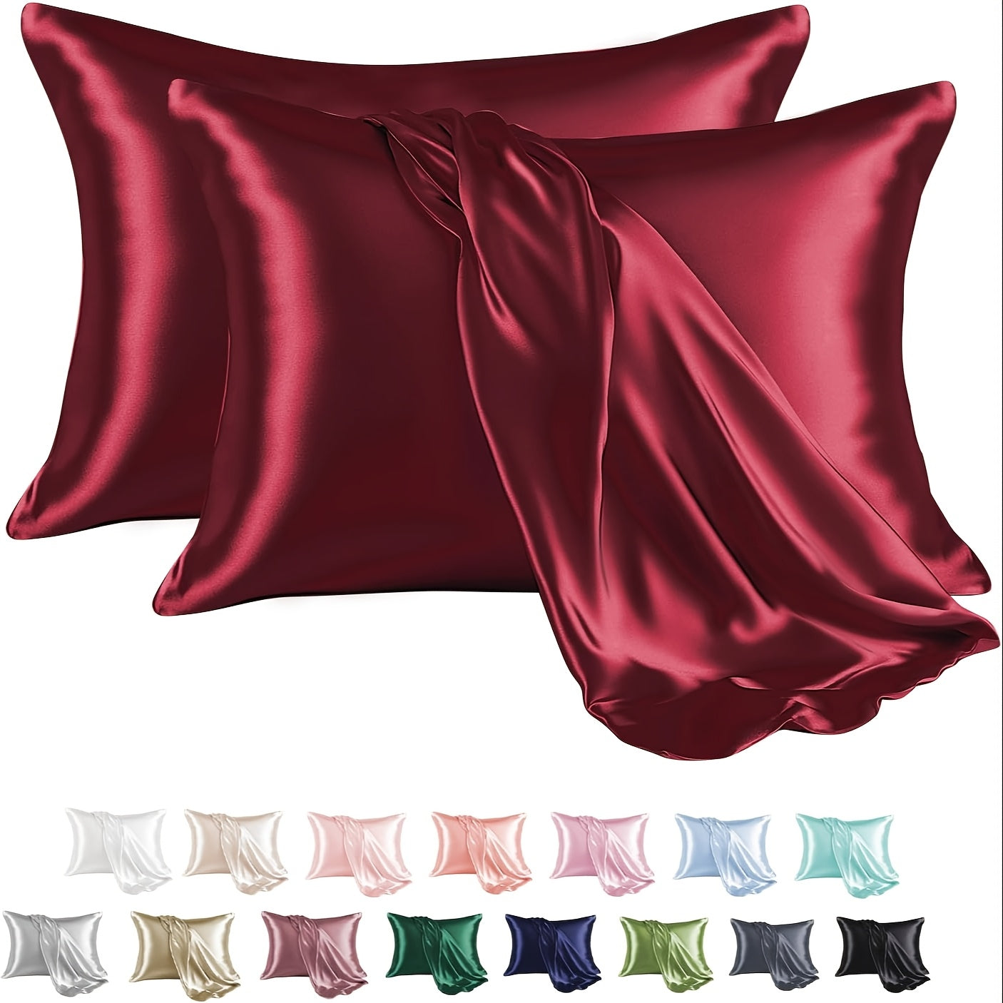 Two satin pillowcases in a pack made from 100% polyester material. Features an envelope closure and smooth texture to prevent hair breakage. These pillowcases are also wrinkle-resistant, machine washable, and weigh 80-85gsm. Available in a solid color