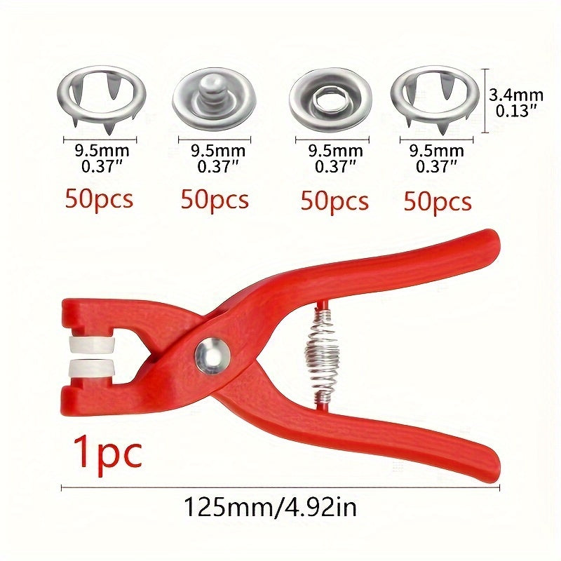 1 set of 200 button accessories with plastic hand pliers for fast clothing and quilt production.