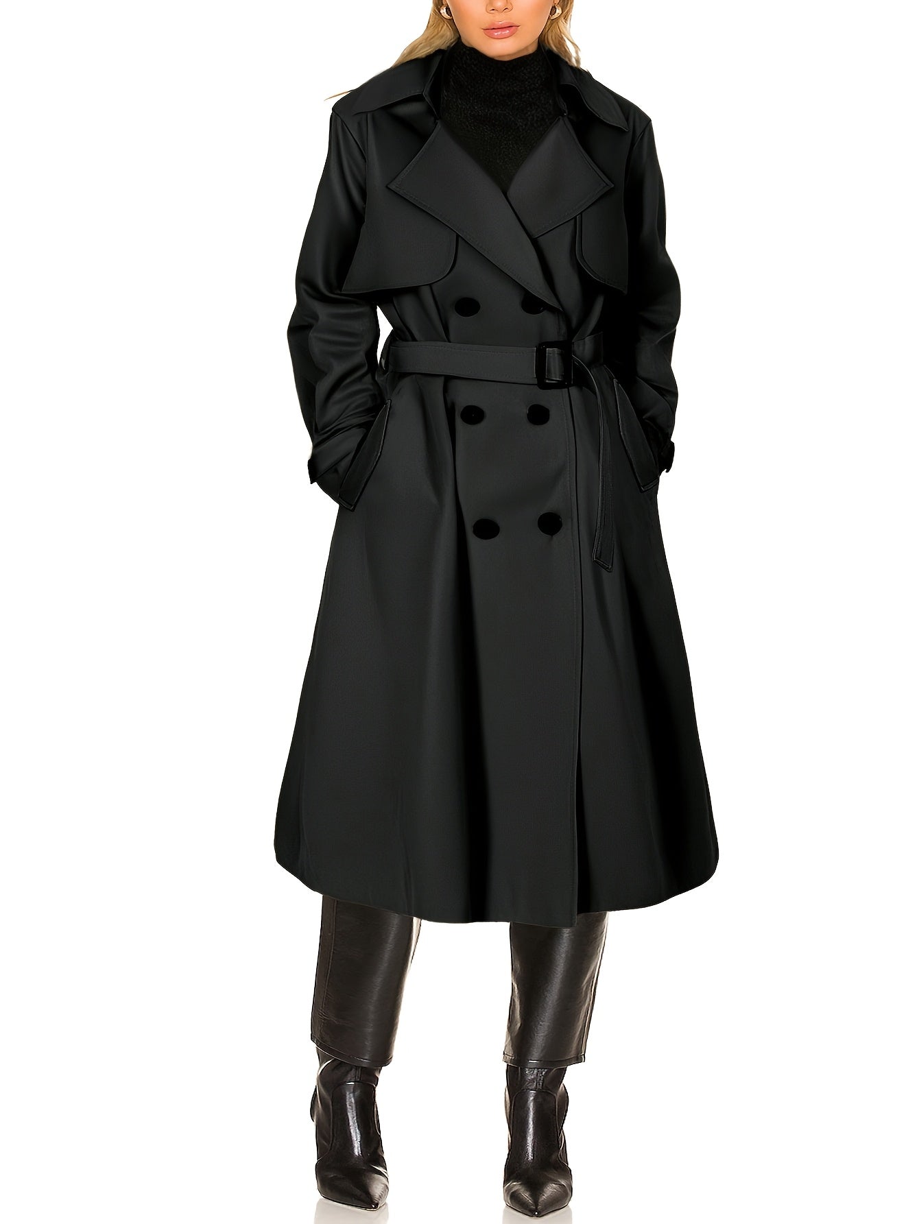 Double-breasted trench coat with lapel collar, belt, and long sleeves for fall & winter in plus sizes.