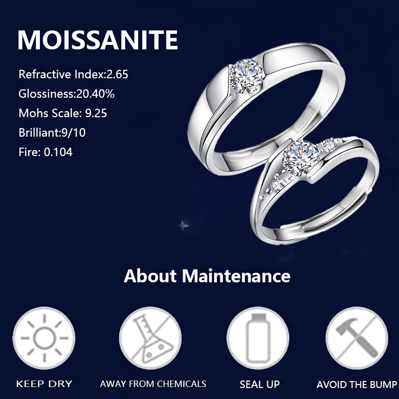 Luxurious Unisex Bohemian Vintage-Inspired Adjustable 925 Sterling Silver Moissanite Couple Rings Set, Each 0.5 Carat, Complete with Gift Box