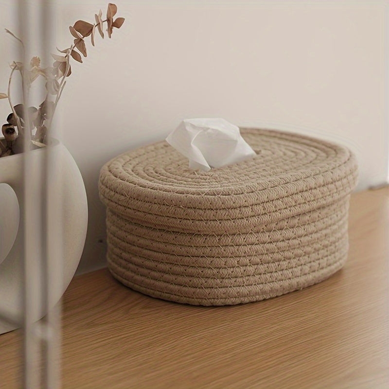 Rustic beige rope-woven tissue box with decorative bow. Ideal for home, car, or commercial use.