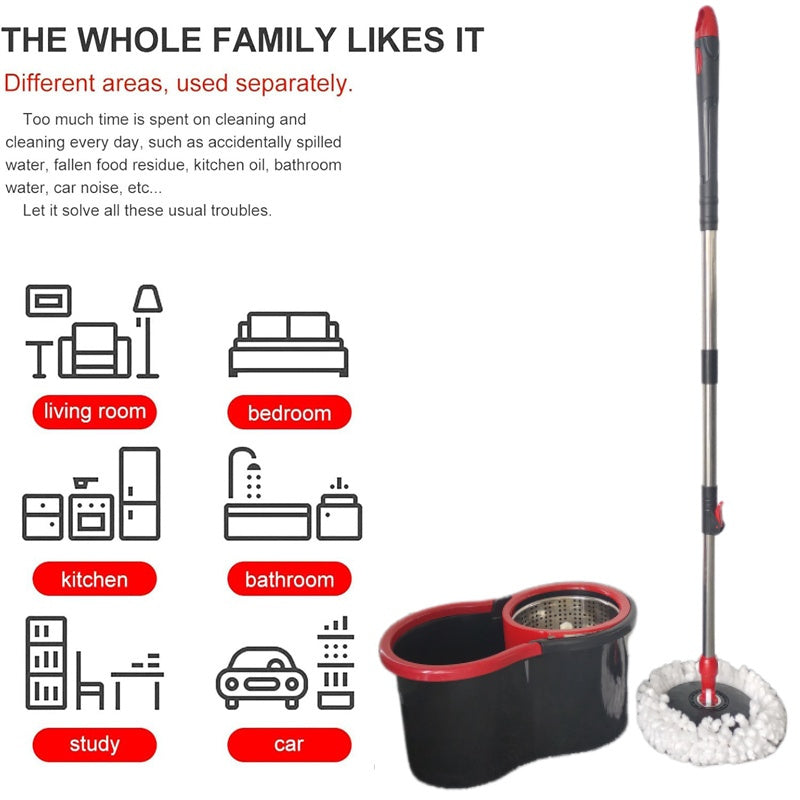 The Dual-Power Spin Mop and Bucket Set is designed for efficient wet and dry cleaning in any room of your home. Made with durable plastic and a stainless steel handle, this set features a 360° rotating head for easy maneuverability. Perfect for the