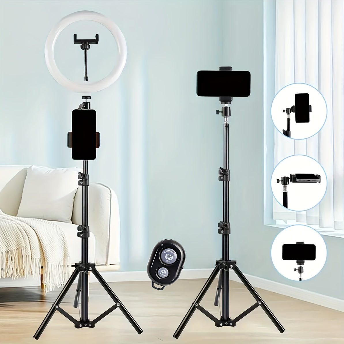 53.54-inch selfie ring light with tripod, dual phone holders, 3 color modes, and 12 brightness levels. USB powered for makeup, photography, video, and vlogging. Made of PP material.