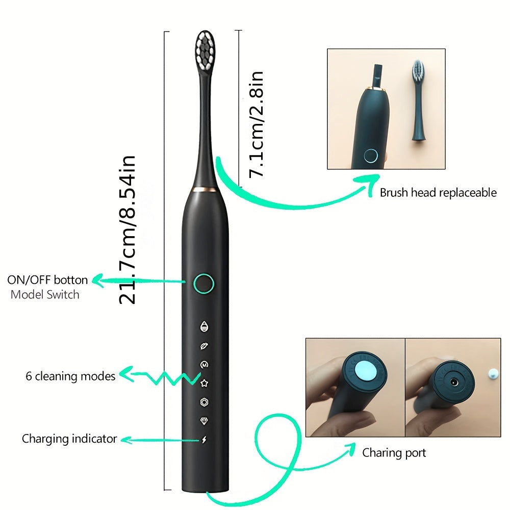 Rechargeable USB electric toothbrush with 6-speed vibration and 28000 VPM power, includes 4 or 8 special soft brush heads for adults.