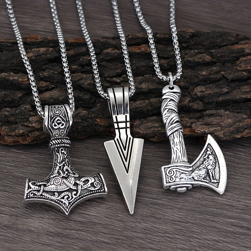 Men's Viking Necklace Set with 3 Pieces - includes Viking Hammer, Nordic Compass, Celtic Knot, Wolf Axe Pendants. This Nordic Amulet Pendant Necklace makes the perfect holiday jewelry gift.