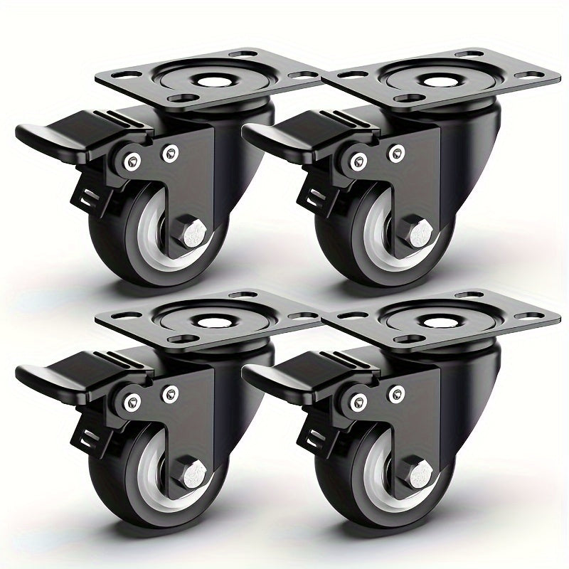 Set of 4 heavy duty 3.81 cm caster wheels for furniture, with optional brake. Ideal for table, chair, equipment, and storage bins.