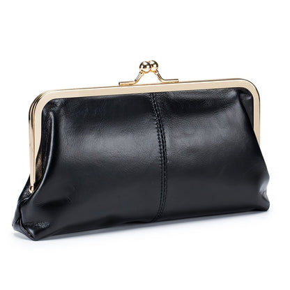 Vintage Genuine Leather Long Clutch Wallet for Women with Multifunctional Features, Retro Style Accessory with Goldtone Hardware