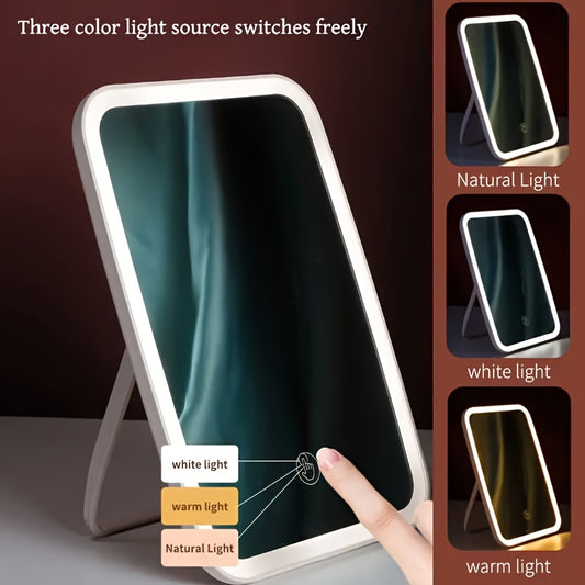 Portable folding LED makeup mirror with touch sensor, adjustable brightness, lithium battery, USB charging, and polished flower design - ideal for travel.