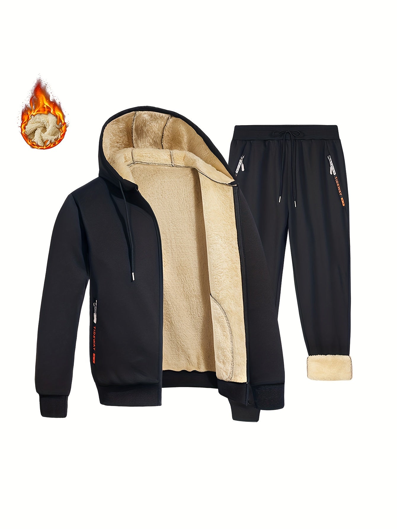 2-piece men's set: Fleece lined zip-up hooded coats with zipper pockets and drawstring pants for casual autumn and winter outfits.