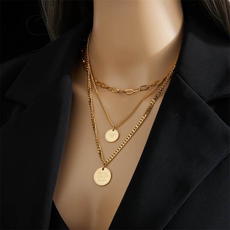 Elegant French-Inspired Three-Layer Necklace with Engraved Letter Pendants in 18k Gold Plated Stainless Steel, Featuring a Minimalist and Classic Style. Versatile Retro Design Perfect for Street Style, Daily Commute, Vacation, and Party Wear.