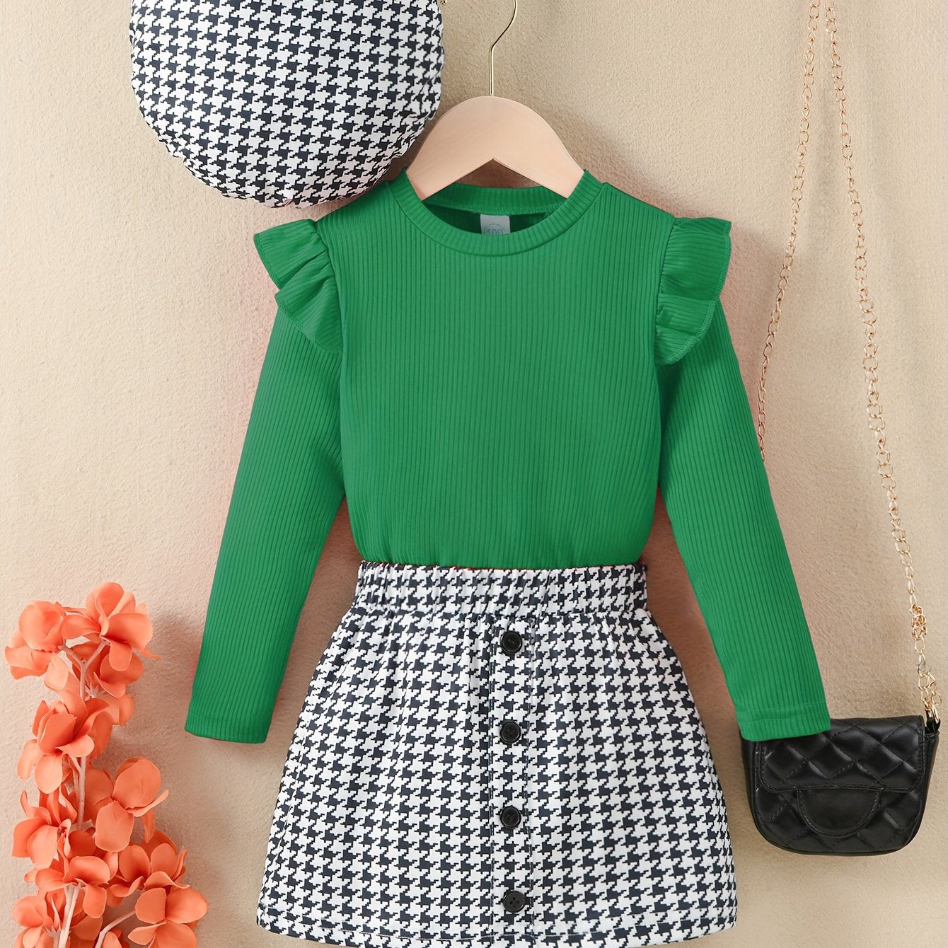 Girls' Ruffle Trim Tee & Houndstooth Skirt Set with Hat