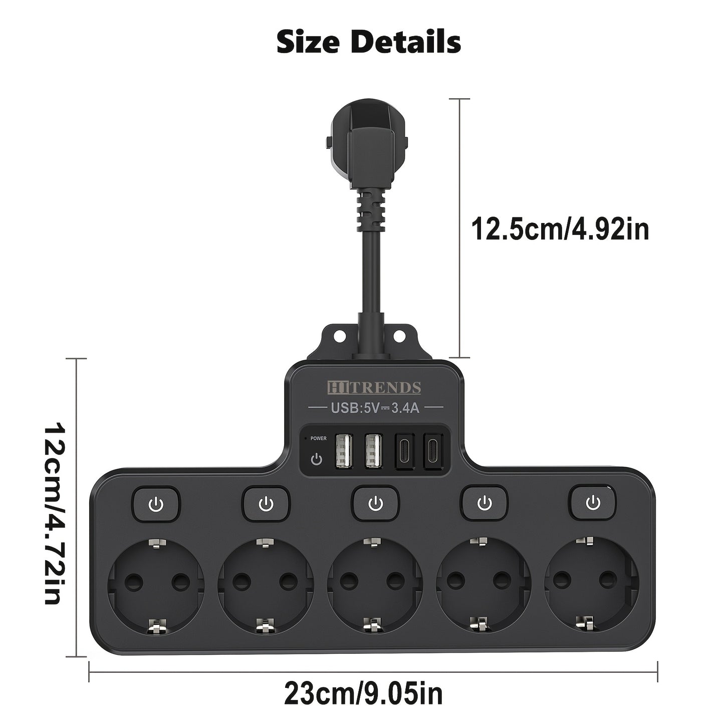 Power strip with 5 EU sockets, 2 USB-A ports, and 2 USB-C ports, smart charging, individual switch, flexible cable, wall-mounted for home, office, dorm use.