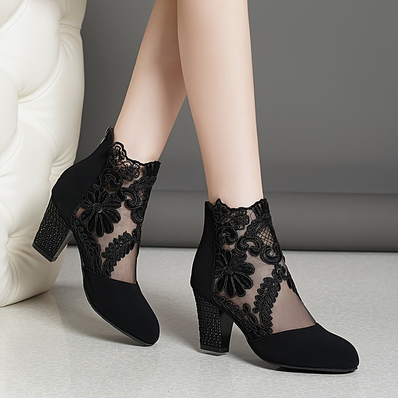 Women's Floral Lace Pattern Boots with Back Zipper, Chunky Heel, and Round Toe