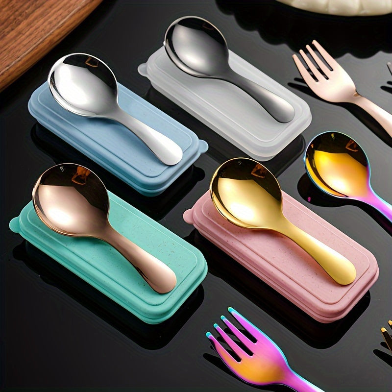 New set of 3 stainless steel forks and spoons with box, ideal for parties and travel. Includes round-headed spoons and forks that are multi-functional for ice cream, cake, and fruit.