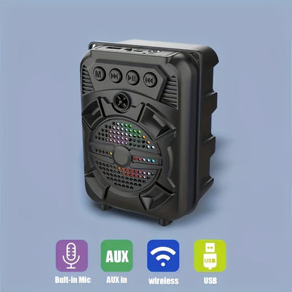 Portable, anti-fall wireless speaker with super bass, LED light, TF/USB/FM/AUX/Wireless connectivity, karaoke feature, and phone holder. Ideal for live music and home parties.