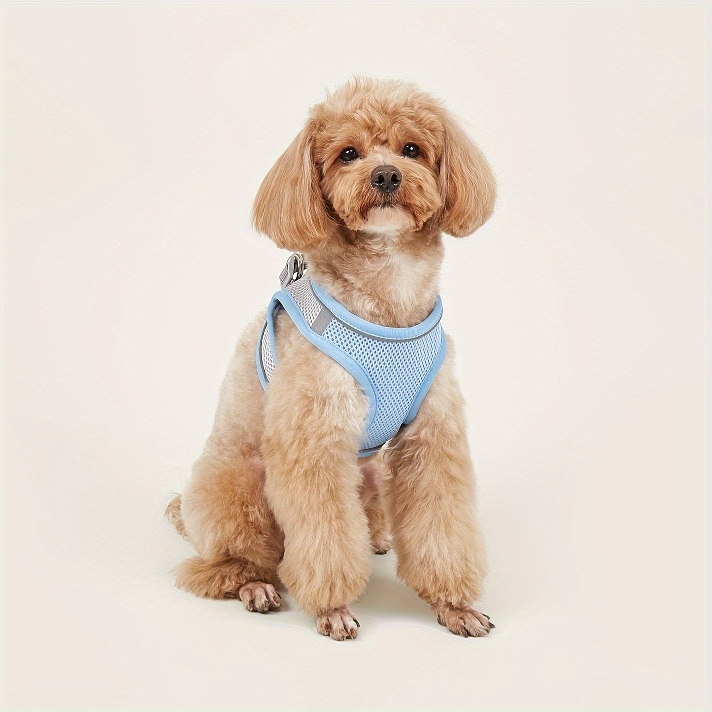 Soft mesh pet harness with reflective strip for small cats and dogs, providing comfort and safety.