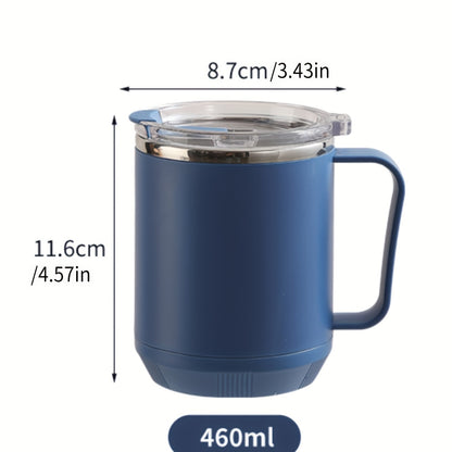 Stainless steel coffee mug with lid, 15.6oz, for home and office use. Great for summer drinks or as a gift.