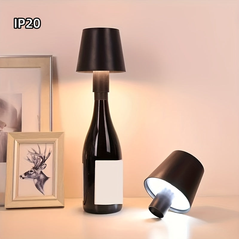 Modern portable LED bottle lamp with touch control dimmable and USB rechargeable for home, bedroom, dining room, and office.