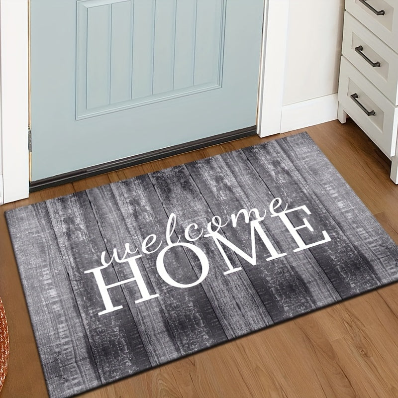 Wood panel design welcome mat made of non-slip, easy-to-clean, lightweight and fade-resistant material suitable for both indoor and outdoor use. Ideal for use in living rooms, bedrooms, kitchens, patios, and laundry rooms.