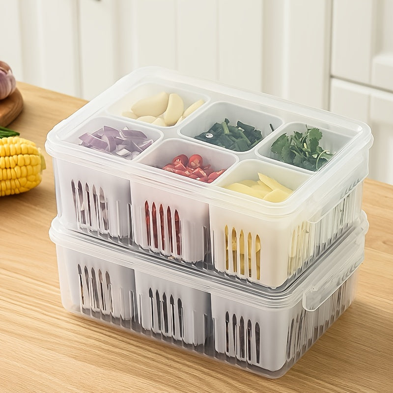 Kitchen Scallion Storage Box with 6 compartments for scallions, ginger, garlic, and other fresh ingredients. The box is designed to keep your fruits and vegetables fresh in the refrigerator, with a built-in drain feature for easy cleaning.