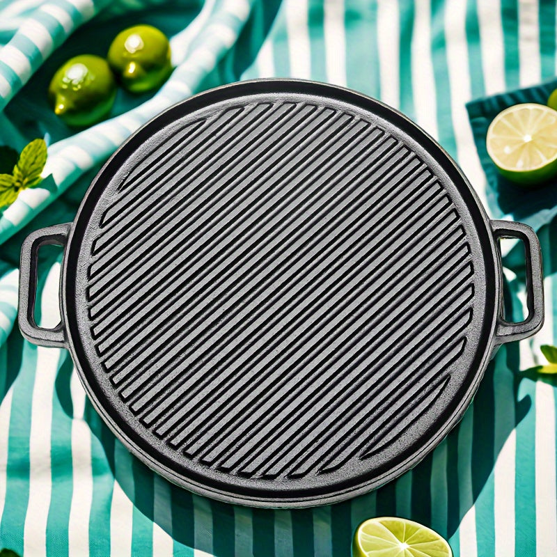 Heavy-duty Cast Iron Double-Sided BBQ Grill Pan - Versatile Round Outdoor Cooking Plate for Pizza, Steak, and More - Essential for Durable Kitchen and Restaurant Use