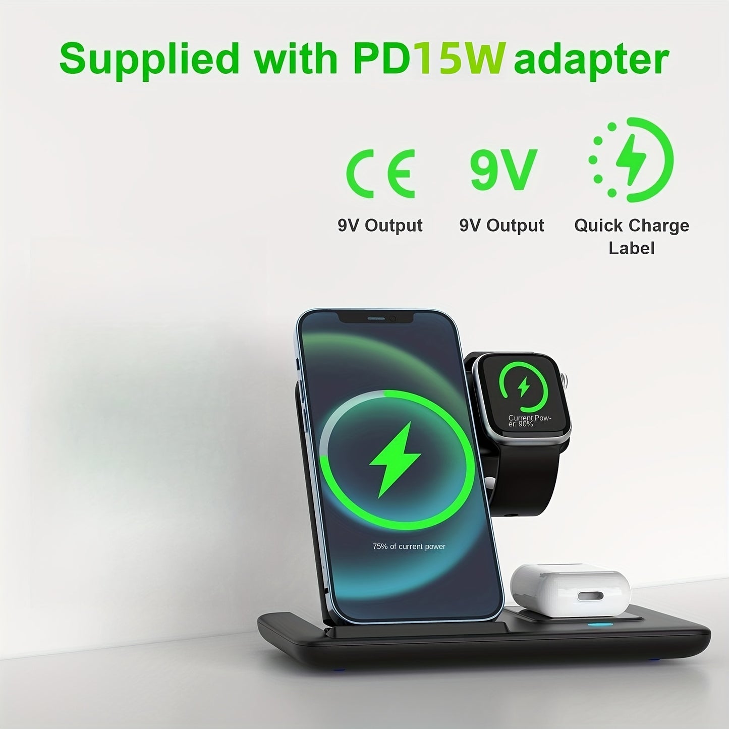 Folding wireless charger stand for Apple Watch, Airpods, and multiple devices with fast charging capability. Suitable for iPhone 14, 13, 11, and earlier models.