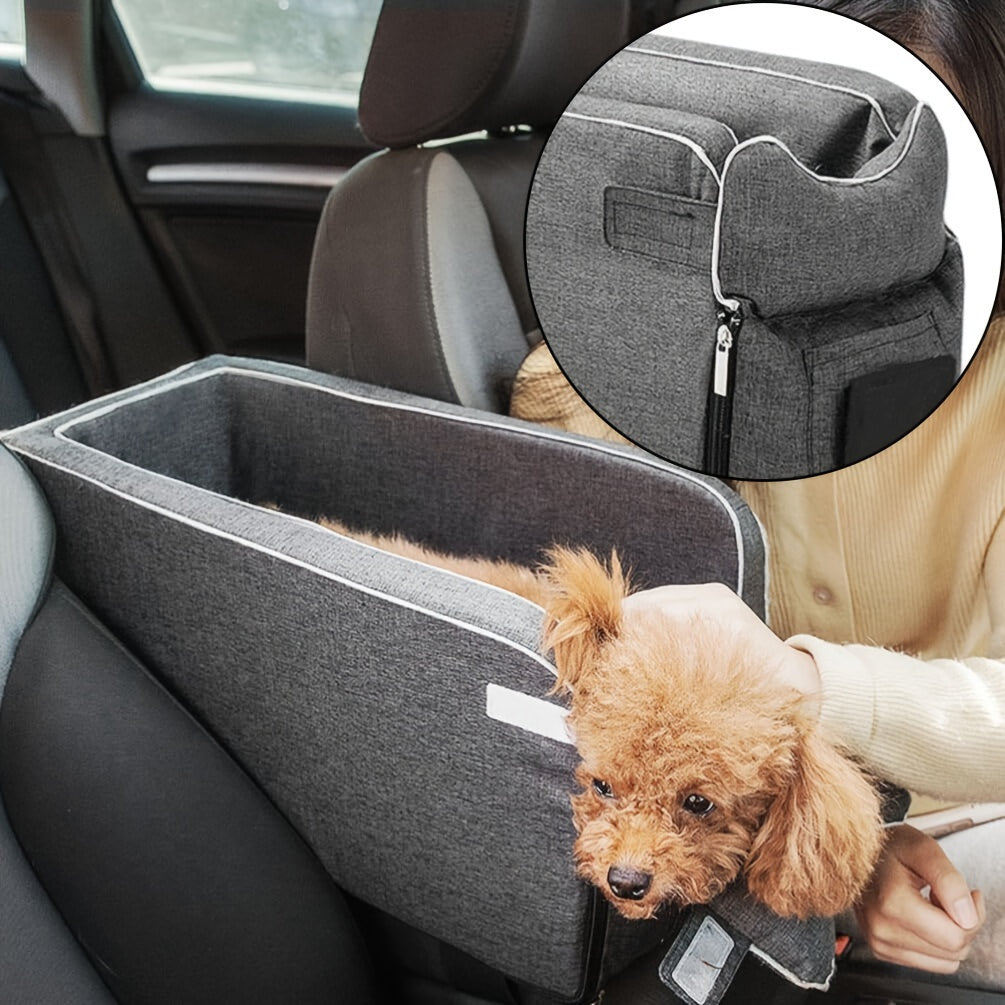 Premium dog car seat with safety leash for small to medium breeds, made of durable polyester.