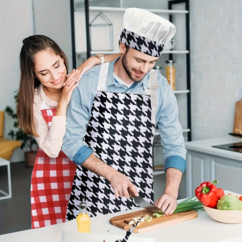 Set of Chef Apron and Hat, made from Unisex Polyester material. The Apron has an Adjustable Neck with a Woven Cooking Bib, and comes with a matching Cap. Suitable for use at Home, in Restaurants, while Baking, Catering, or for Food Service Workwear.