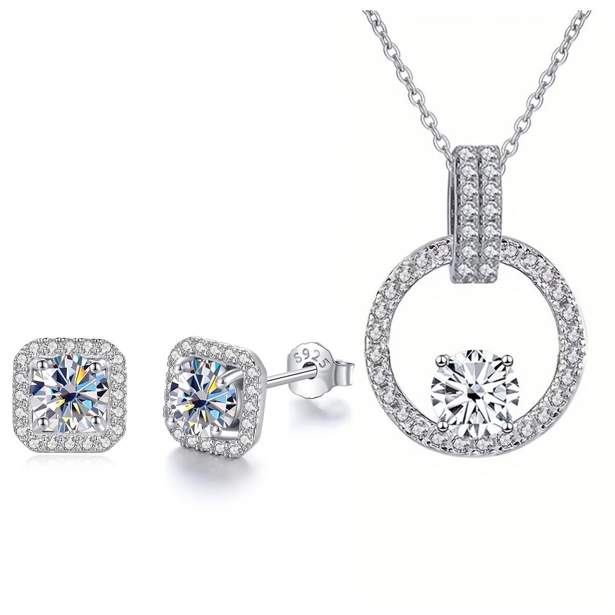 1 set of Moissanite jewelry including a necklace with a 1 carat stone and 2 earrings with 0.5 carat stones. Made of 925 sterling silver and available in multiple colors. Perfect for weddings, comes with a certificate and gift box.