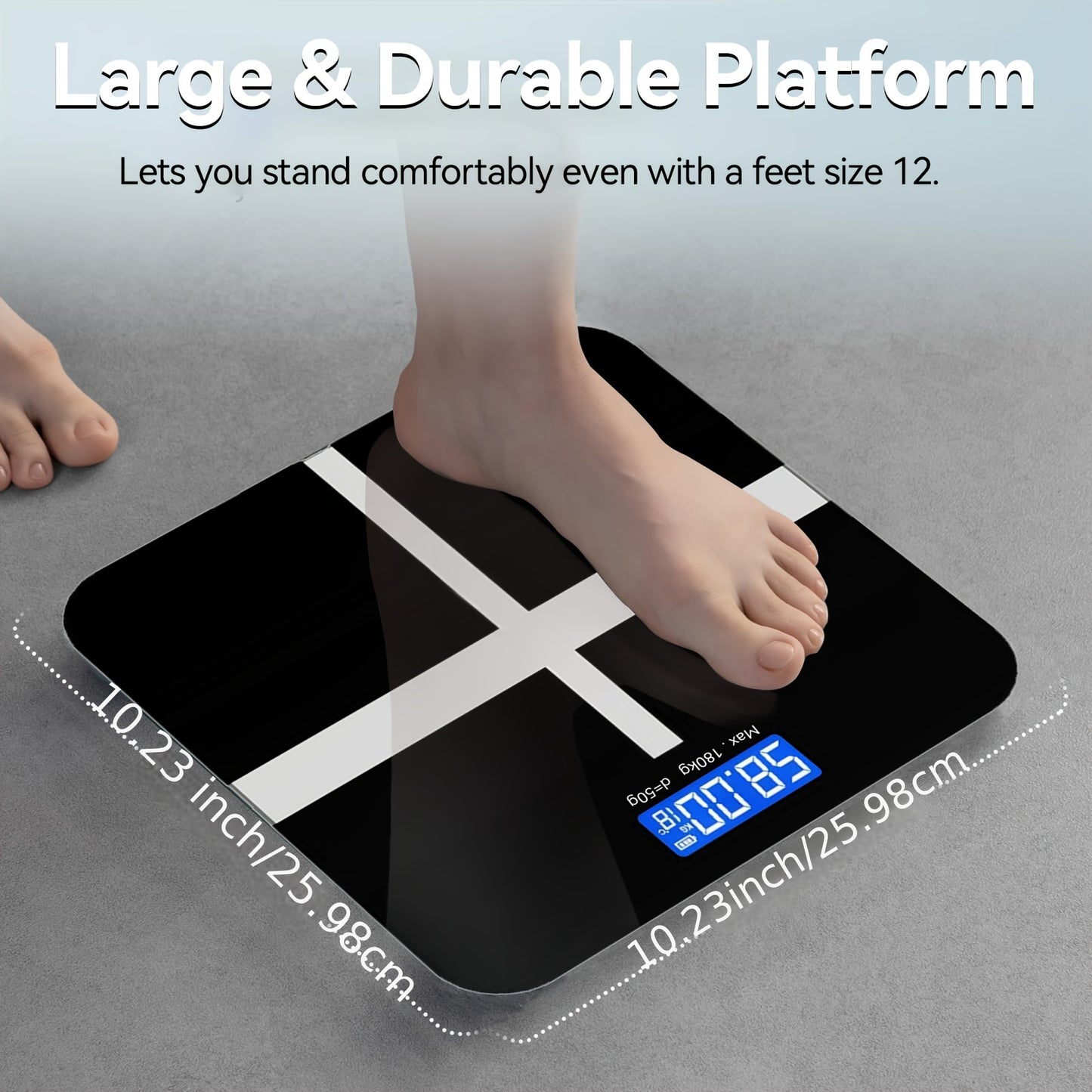 High-precision electronic weight scale, 179.62 KG capacity, switchable between KG and pounds, wide platform, LCD display with temperature, ideal for home and gym.