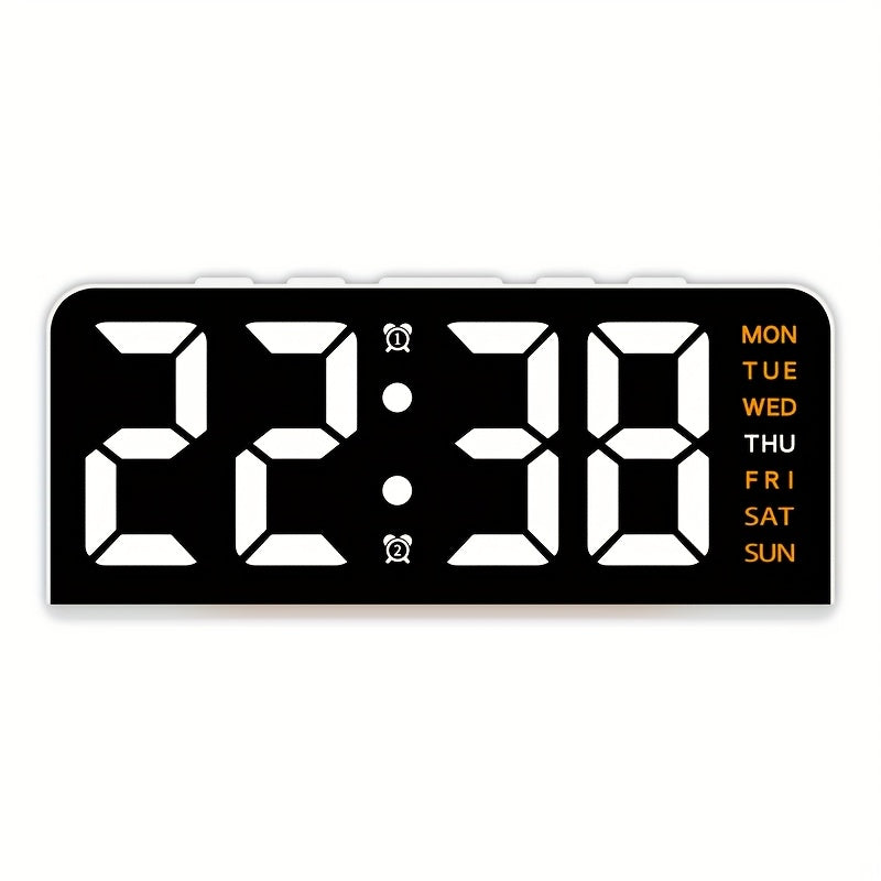 Digital LED Alarm Clock with USB power, sleek black plastic frame, dual time display, modern design for bedroom decor. Battery-operated (AAA not included).